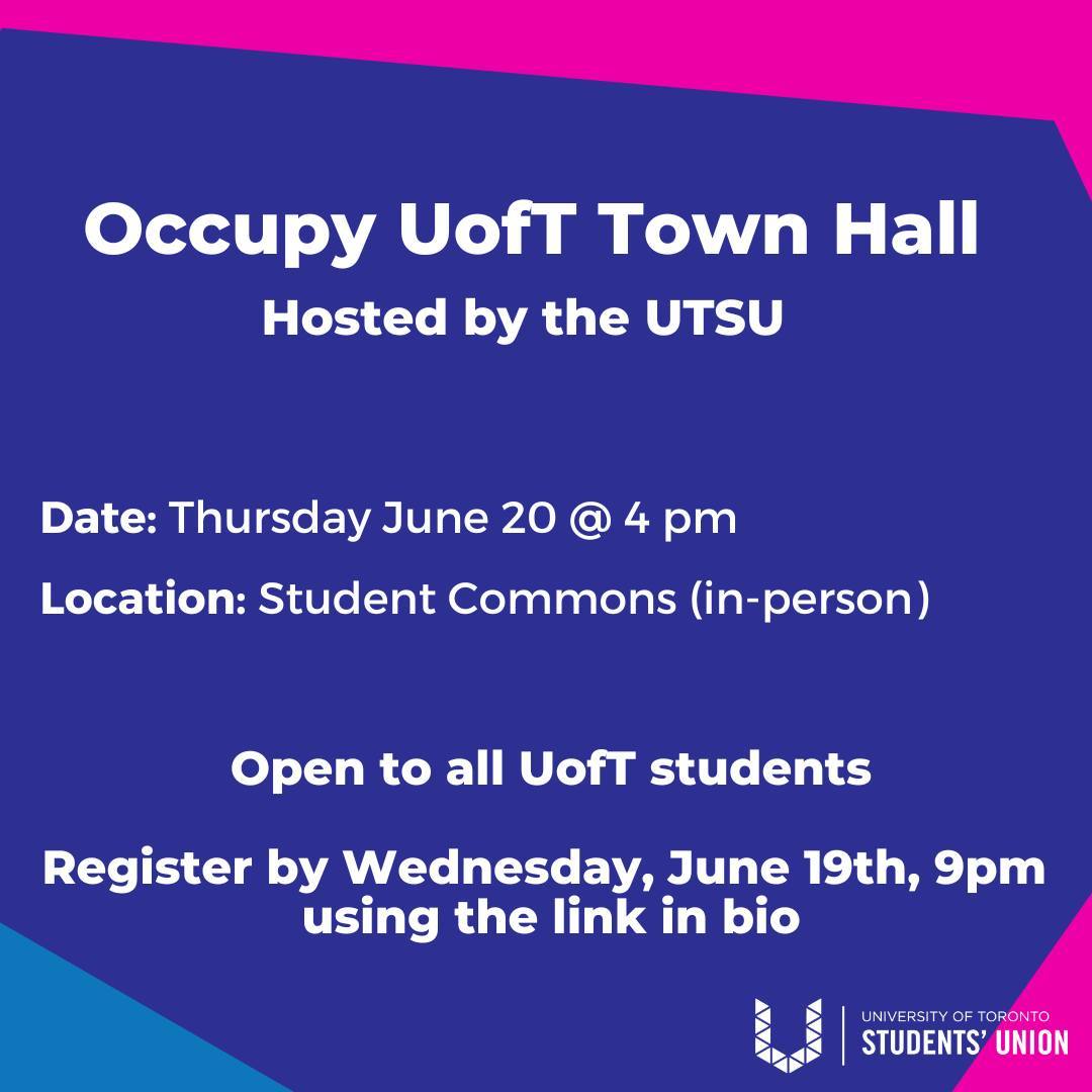 U of T Students' Union (@uoftsu) on Twitter photo In light of the ongoing protest occurring on the UofT Campus, The UTSU is hosting a Town Hall event with organisers @occupyUofT. Open to all UofT students. For more info and registration : forms.gle/1Ci4bmFXxeFaG6… In light of the ongoing protest occurring on the UofT Campus, The UTSU is hosting a Town Hall event with organisers @occupyUofT. Open to all UofT students. For more info and registration : forms.gle/1Ci4bmFXxeFaG6…