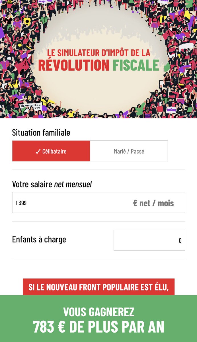 Nouvelle création des membres de notre Discord 🙏

🔥 Avec la révolution fiscale proposée par le Front Populaire, vous êtes gagnant si vous touchez moins de 4000 € par mois. Faites le calcul : impots-frontpopulaire.fr

À partager partout pour convaincre !