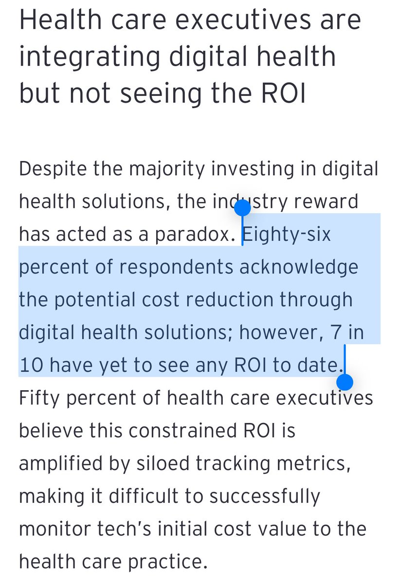 70% of healthcare execs haven’t noticed true cost reductions/ROI when implementing digital health solutions.

These results comes from an EY Health Pulse Survey, where 100+ payer and provider execs were asked about the state of digital health.

I’m not going to sugarcoat it,