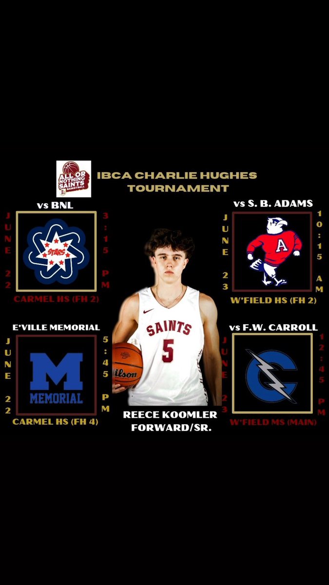 Charlie Hughes Schedule For This Upcoming Weekend 🚨 
June 22nd:
Bedford North Lawrence @ 3:15PM
Evansville Memorial @ 5:45PM
📍Location: Carmel HS
June 23rd:
B.Adams 10:15AM
FW Carrol 12:45PM 
📍Location: Westfield HS
<a href="/LuHiBB/">Indianapolis Lutheran Basketball</a> @CPElite_ <a href="/maxreddetroit/">Coach Remus Woods</a> <a href="/KevinMoses38/">Kevin Moses LLC</a>