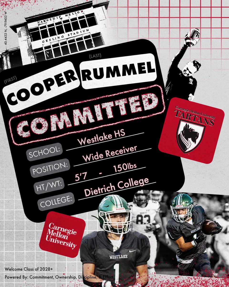 Carnegie Mellon Football (@tartanfb) on Twitter photo ❕❗️🚨#F24everPlaid🚨❗️❕
.
👤: Cooper Rummel
📲: <a href="/RummelCooper/">Cooper Rummel</a>
📚: <a href="/CMU_DietrichHSS/">Carnegie Mellon University Dietrich College</a>
🏈: WR
🏋️♂️: 5'7 | 150lbs
🎥: tinyurl.com/crummel24
🏠: <a href="/WHSDemonsFB/">Westlake Demons Football</a>
📍: Westlake, OH
.
#CODE | #BYB | #RDT ❕❗️🚨#F24everPlaid🚨❗️❕
.
👤: Cooper Rummel
📲: <a href="/RummelCooper/">Cooper Rummel</a>
📚: <a href="/CMU_DietrichHSS/">Carnegie Mellon University Dietrich College</a>
🏈: WR
🏋️♂️: 5'7 | 150lbs
🎥: tinyurl.com/crummel24
🏠: <a href="/WHSDemonsFB/">Westlake Demons Football</a>
📍: Westlake, OH
.
#CODE | #BYB | #RDT
