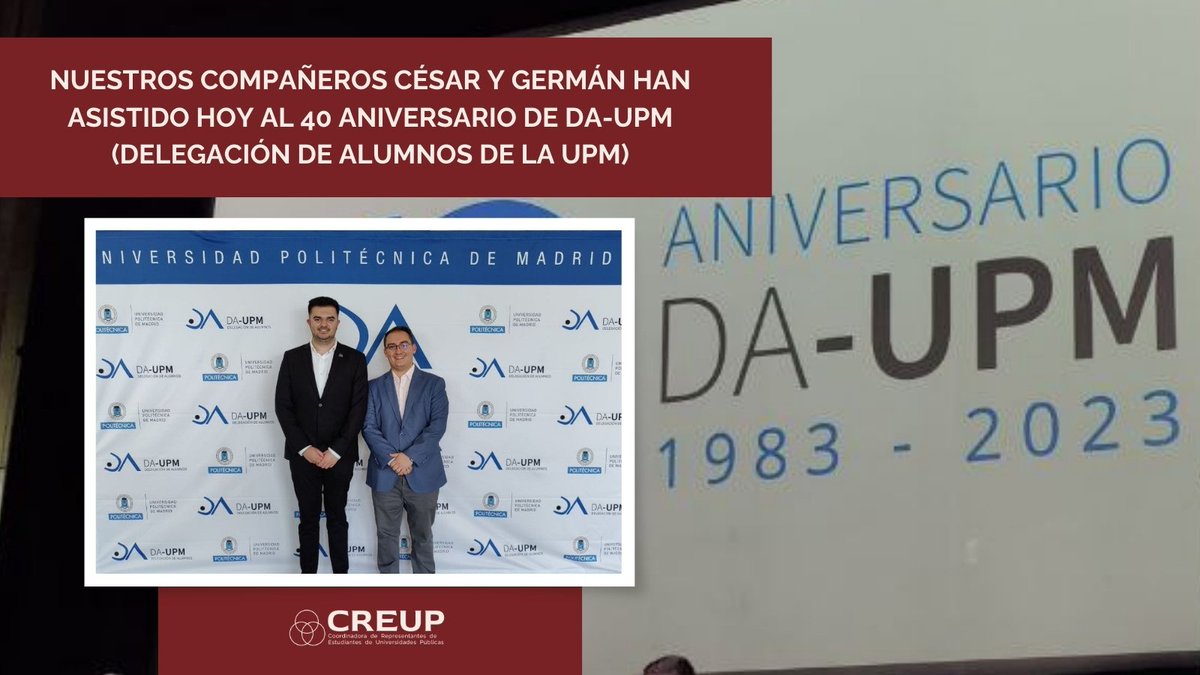 Desde CREUP celebramos y felicitamos el 40 aniversario de <a href="/Delegacion_UPM/">Delegación de Alumnos UPM</a>. Por otros 40 años de compromiso con el estudiantado🎉✨✊