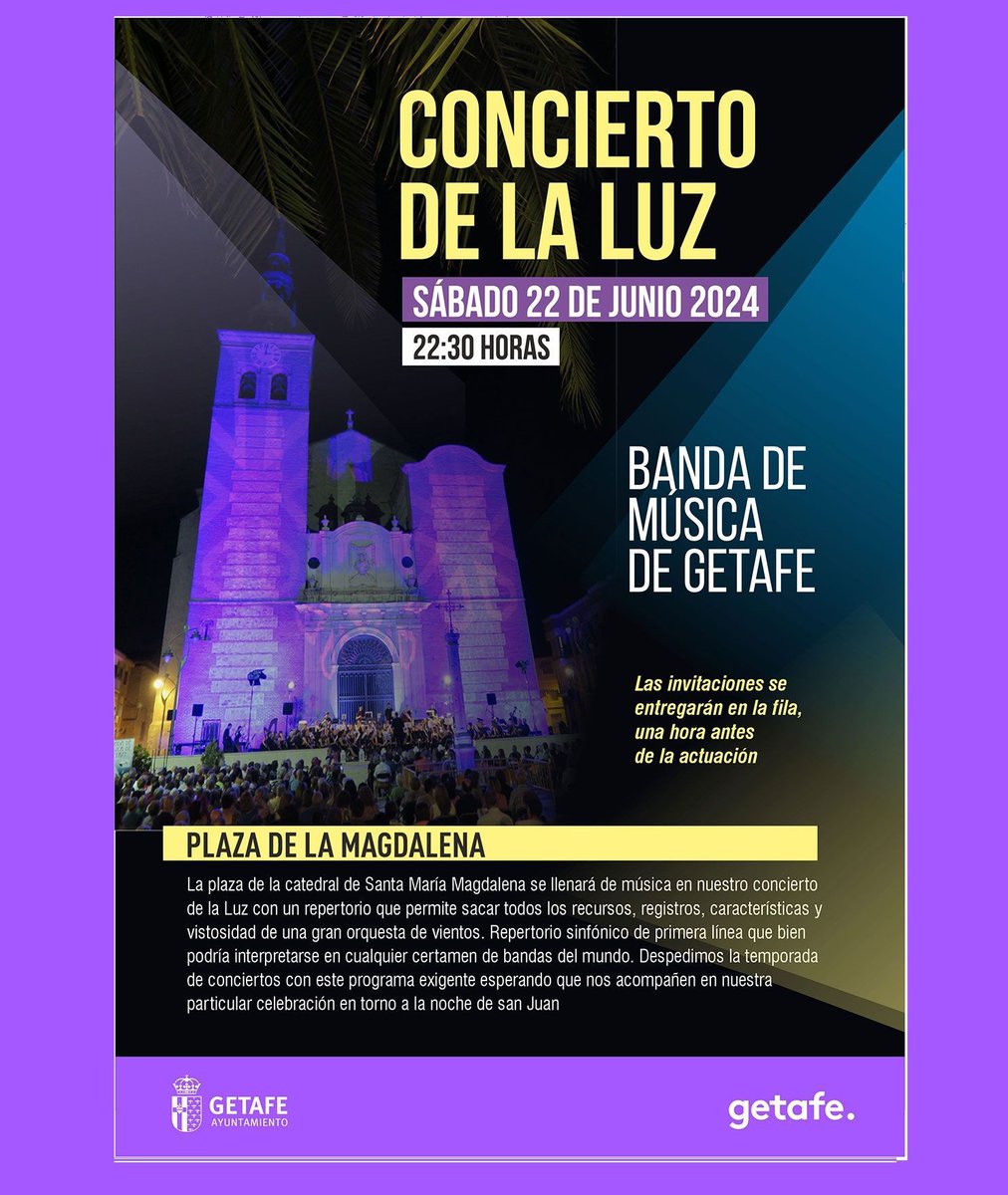 getafejovenX's tweet photo. Este año no puedes perderte e #ConciertodelaLuz, ¡Apunta! este sábado 22 de junio, a las a las 22:30h en la plaza de la Catedral Santa María Magdalena a cargo de la @BMGetafe #culturagetafe #musicagetafe #conciertodelaluz2024 #BMG https://t.co/dOnS7hlzHR