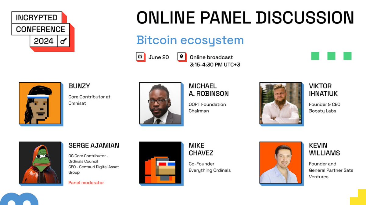 Introducing the Bitcoin Ecosystem panel discussion! As part of the upcoming  Incrypted Online Marathon (starting in 1 day), several panel discussions  will be held. Bitcoin Ecosystem: Date: June 20, 3:15 PM -