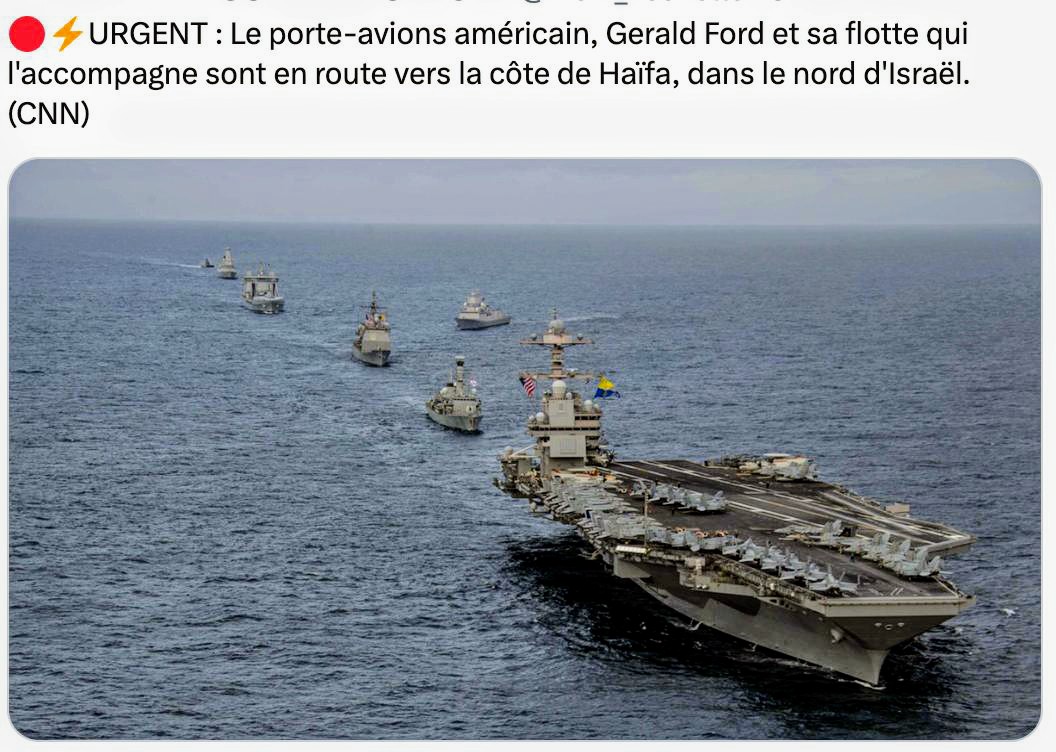 ParadisVerbal's tweet photo. L'oncle #Sam, envoie un USS Gerald Ford, avec 110 000 tonnes d'équipements, pour presque 5000 personnes, à l'oncle #Zions, au cas où, les militaires sionistes, remplissent trop vite leurs couches culottes, étayent trop agressées par le peuple de #Palestine. https://t.co/e5IW9uV6d7