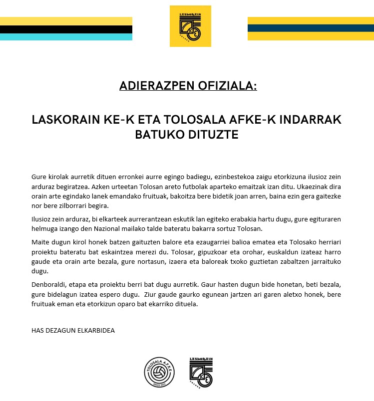 laskorainke's tweet photo. ADIERAZPEN OFIZIALA:
LASKORAIN KE-K ETA TOLOSALA AFKE-K INDARRAK BATUKO DITUZTE https://t.co/K7mNnd8x51