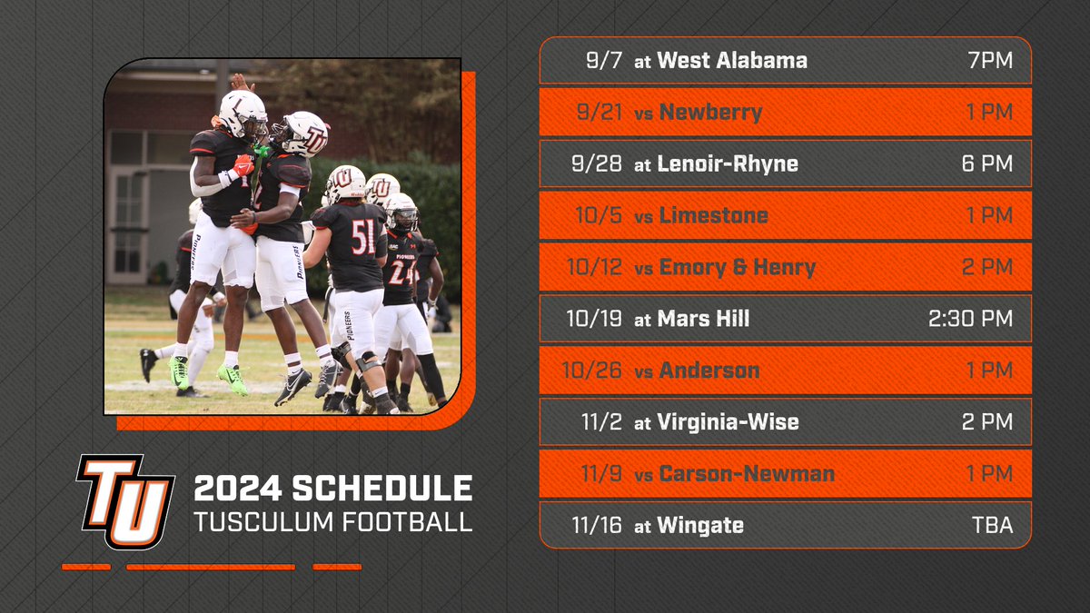 Tusculum Pioneers (@tusculumsports) on Twitter photo Pioneers unveil 2024 <a href="/TusculumFB/">Tusculum Football</a> schedule #PioneerUP
Full Schedule Details: tusculumpioneers.com/sports/fball/2… Pioneers unveil 2024 <a href="/TusculumFB/">Tusculum Football</a> schedule #PioneerUP
Full Schedule Details: tusculumpioneers.com/sports/fball/2…