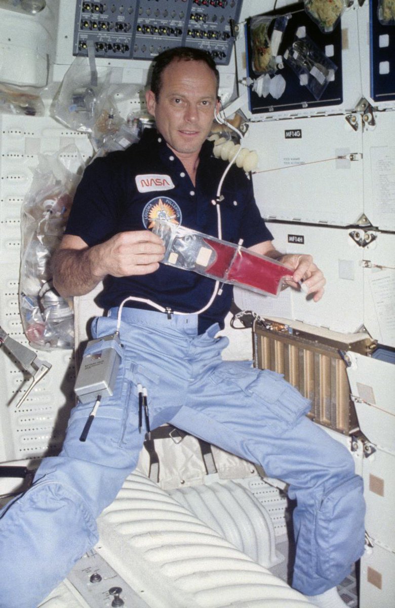 SF_Skylab's tweet image. Skylab's Jack Lousma commanding the STS-3 shuttle mission in 1982. Some of the food items on the tray next to him are still Skylab vintage! NASA image. #Skylab #SpaceShuttle