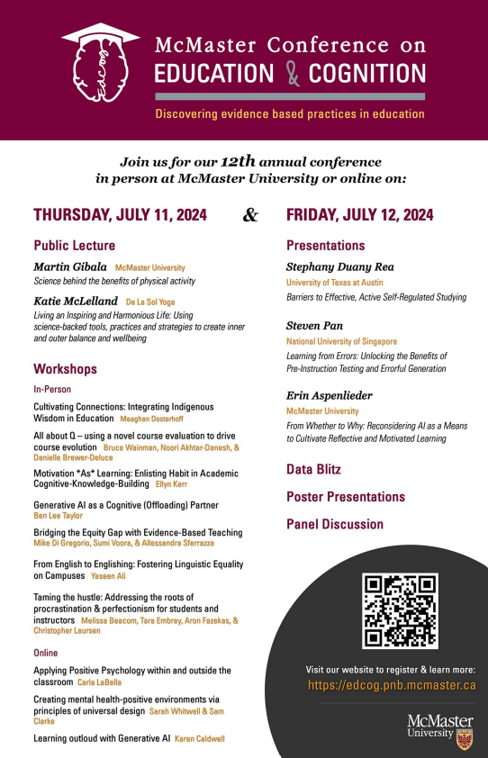 McMaster's 12th annual Conference on Education &amp; Cognition welcomes all #educators staff #learningSpecialists #students &amp; #postdocs  July 11-12th 2024, postdoc preconference July 10th Early bird registration closes this Friday! Register today for hashtag#EdCog2024