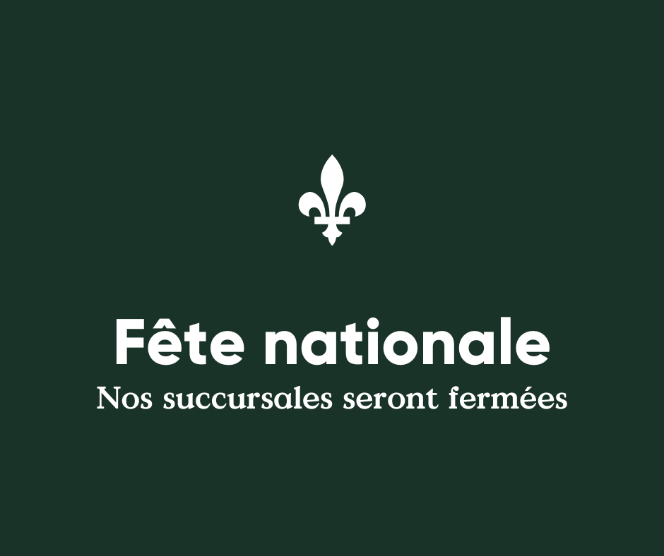 À l’occasion de la fête nationale, le 24 juin prochain :

🔵 Toutes nos succursales seront fermées
🔵 Le Centre de relation clientèle sera fermé
🔵 Les services de livraison ne seront pas disponibles

Planifiez vos achats! (❁´◡`❁)