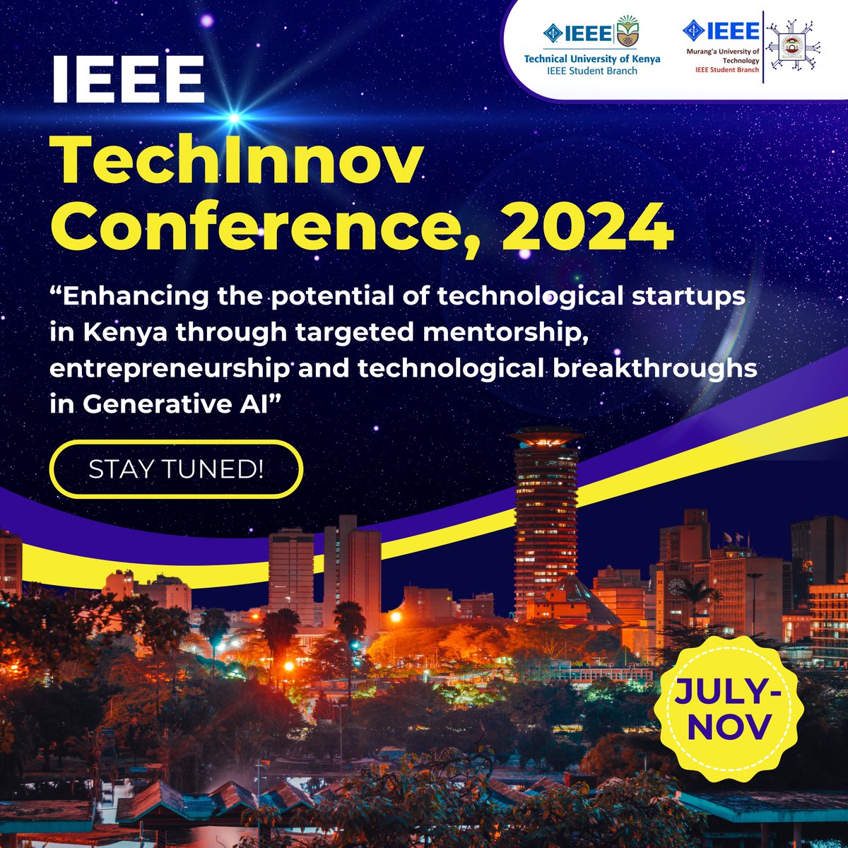 IEEE Technical University of Kenya &amp; Murang'a University of Technology Student Branch Chapters present the #Techlnnov Conference 2024

Open to students, faculty, and young professionals!

🗓 July - Nov 
STAY TUNED 

#IEEE #TUK #MUT #Engineering #Technology #Innovation #Conference