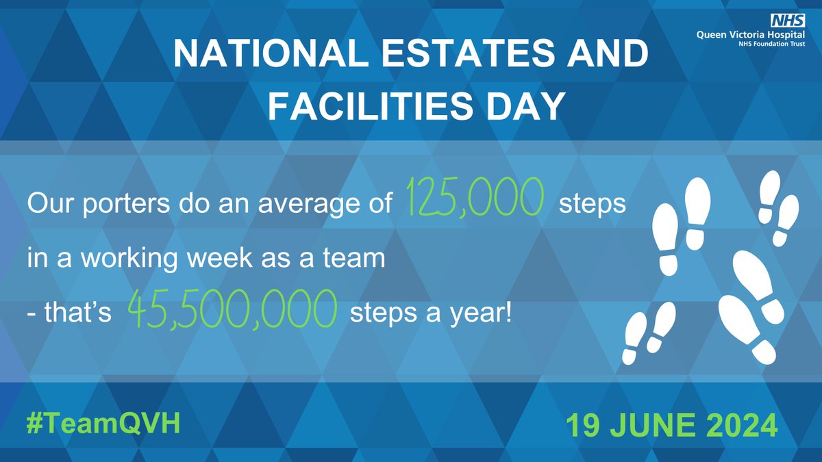 Did you know...

...our porters do an average of 125,000 steps in a working week as a team, adding up to an impressive 45,500,000 steps a year?

Thank you to our Estates &amp; Facilities team for all of their hard work at QVH!

#HealthEFMDay #EstatesandFacilities #TeamQVH <a href="/NHSSussex/">NHS Sussex News</a>