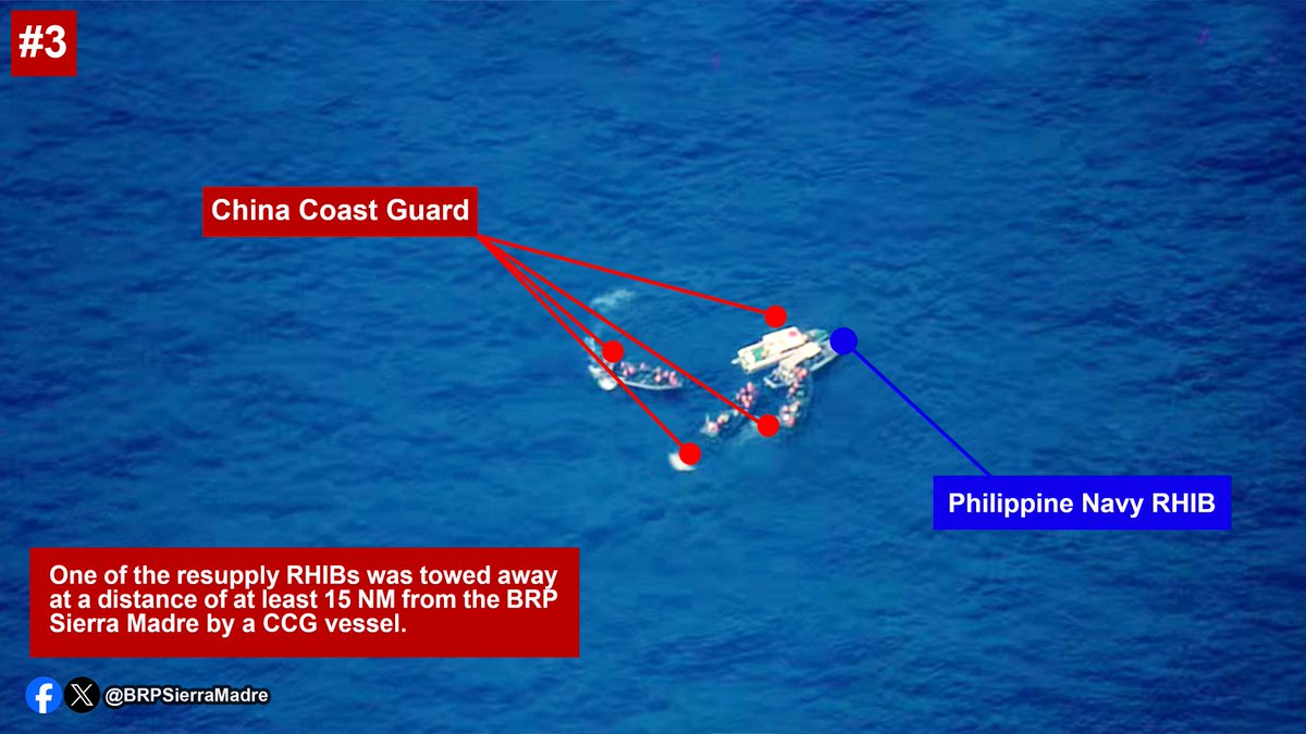 BRPSierraMadre's tweet photo. JUNE 17 RORE - WHAT HAPPENED?

Two Rigid Hull Inflatable Boats (RHIB) of the Philippine Navy reached BRP Sierra Madre to conduct the Rotation and Resupply Mission shortly before 6 AM. They were swarmed by at least eight RHIBs of the Chinese Coast Guard, which rammed into them and threatened them with knives, axes, and other deadly weapons. During the scuffle, Chinese Coast Guard personnel attached a rope to the Philippine Navy RHIBs and towed them away from BRP Sierra Madre. Once isolated, the Chinese Coast Guard then looted the firearms and personal effects of the Navy personnel onboard the RHIBs. They also destroyed the outboard motor of the RHIBs, rendering them inoperable, before abandoning them. Philippine Coast Guard RHIBs rescued the damaged RHIBs and the Navy personnel onboard around 11 AM.

This is contrary to the Chinese claim that their conduct was professional and restrained.