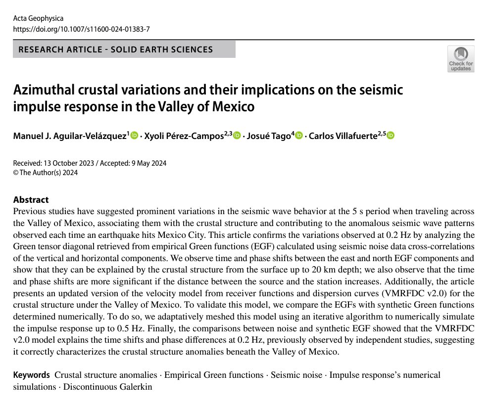 Ya está disponible mi tercer artículo del doctorado. En él, la Dra. <a href="/xyolipc/">Xyoli Pérez-Campos</a>, el Dr. Josué Tago, el Dr. <a href="/cdvu/">Carlos Villafuerte</a> y un servidor, les presentamos la validación del modelo de velocidades para el Valle de México (VMRFDC) que fue introducido un artículo atrás.