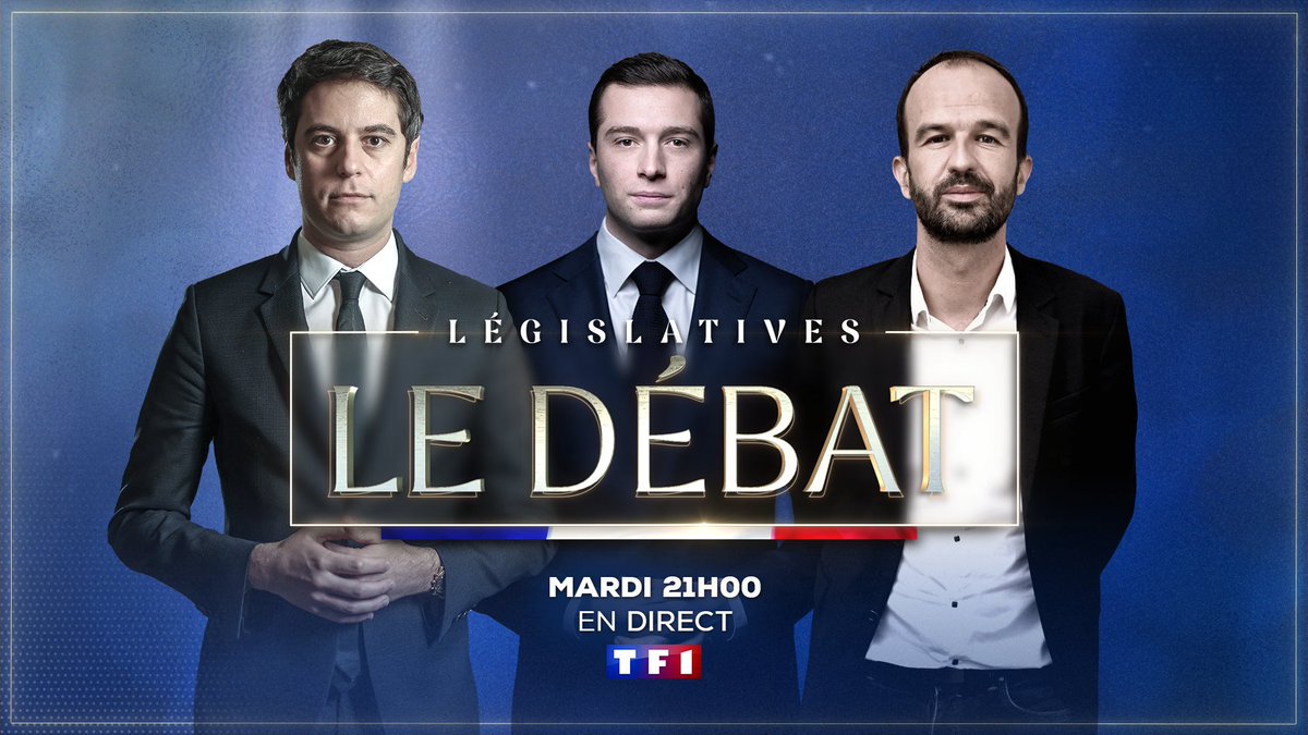 🔵 Mardi 25 juin à 21h

A 5 jours du 1er tour des législatives, TF1 organise le débat entre les représentants des 3 blocs :

Gabriel Attal -  majorité présidentielle
Jordan Bardella - Rassemblement National
Manuel Bompard - Nouveau Front Populaire