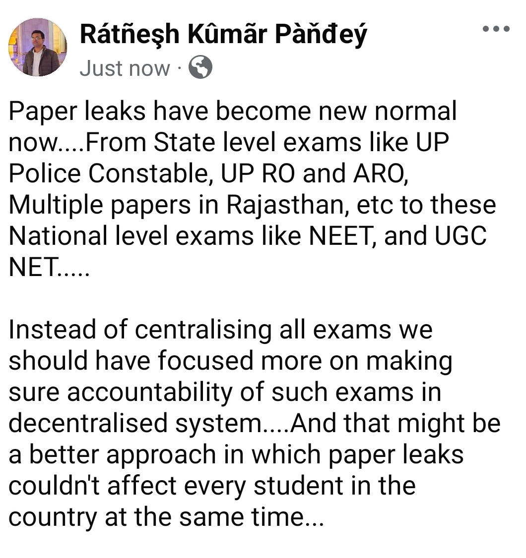 imratnesh01's tweet photo. It's high time and it's better to work on making examination process robust in reality instead of only cancelling these exams...
#Paperleak
#UGCNET
#NEETपेपररद्दकरो https://t.co/BqHAMbq8YP