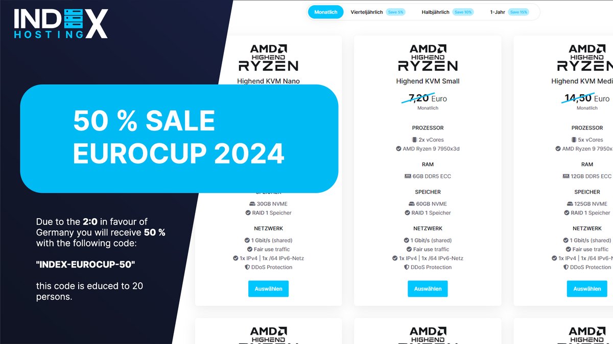 🚨 EUROCUP SALE 50 % OFF

Due to the 2:0 in favour of Germany you will receive 50 % with the following code: 

 » „INDEX-EUROCUP-50”
this code is educed to 20 people.