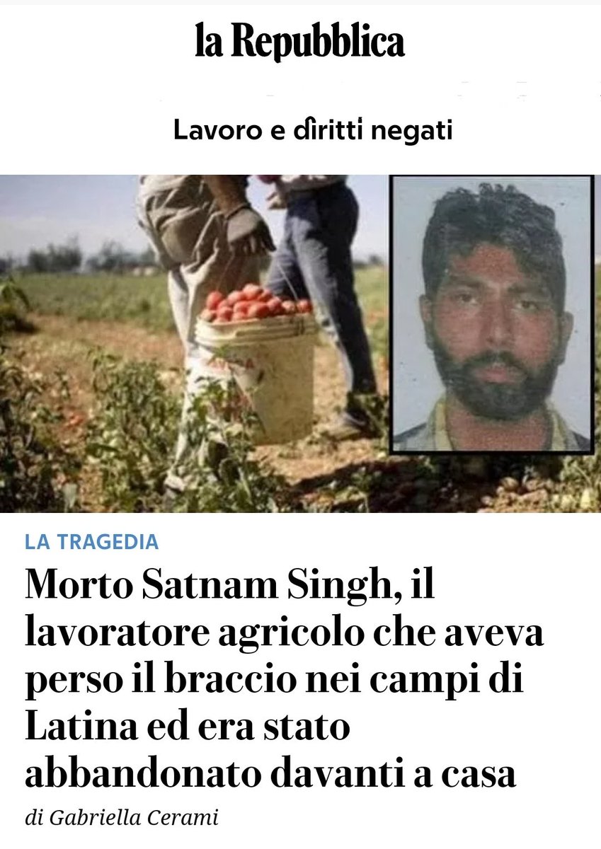 La morte di Santan Singh, non è solo l’ennesima tragedia sul lavoro ma l’espressione in tutta la sua interezza della crudeltà, della ferocia e della violenza del #caporalato e dello sfruttamento che sembrano essere diventati fenomeni non più arginabili.. (1/2)