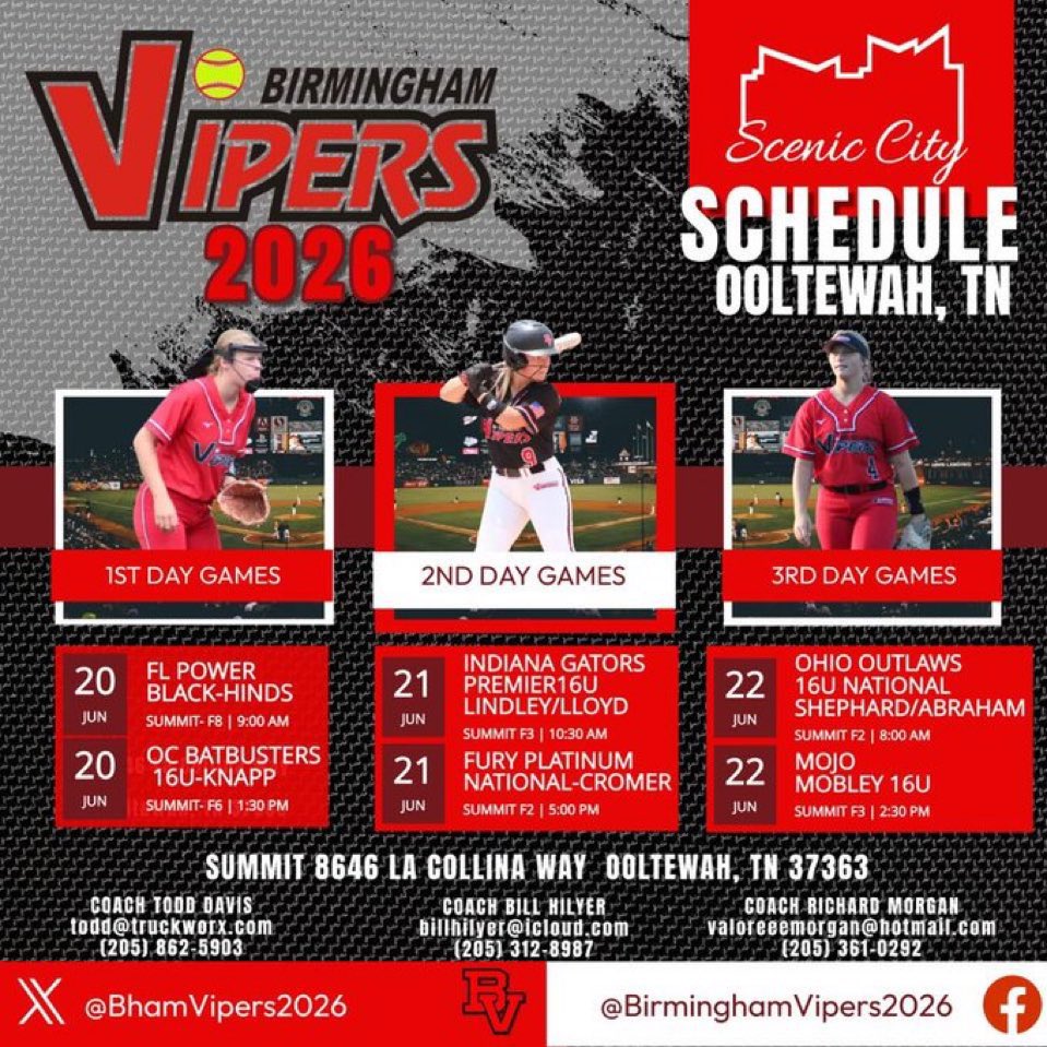 Teagan Huey (@teaganhuey) on Twitter photo Heading to Scenic City this weekend! Come check out some of our games! <a href="/AJDaugherty1/">A.J. Daugherty</a> <a href="/e_newellcoach/">Eric Newell</a> <a href="/hgshollenberger/">Hannah Shollenberger</a> <a href="/Jamie_Trachsel/">Jamie Trachsel</a> <a href="/BigRockHawk/">Aaron Longenecker</a> <a href="/CoachSims_JSU/">Hayley Sims</a> <a href="/ExtraInningSB/">EXTRA INNING SOFTBALL</a> <a href="/BhamVipers2026/">Birmingham Vipers 2026</a> <a href="/spainparksb/">Spain Park Softball 6A</a> Heading to Scenic City this weekend! Come check out some of our games! <a href="/AJDaugherty1/">A.J. Daugherty</a> <a href="/e_newellcoach/">Eric Newell</a> <a href="/hgshollenberger/">Hannah Shollenberger</a> <a href="/Jamie_Trachsel/">Jamie Trachsel</a> <a href="/BigRockHawk/">Aaron Longenecker</a> <a href="/CoachSims_JSU/">Hayley Sims</a> <a href="/ExtraInningSB/">EXTRA INNING SOFTBALL</a> <a href="/BhamVipers2026/">Birmingham Vipers 2026</a> <a href="/spainparksb/">Spain Park Softball 6A</a>