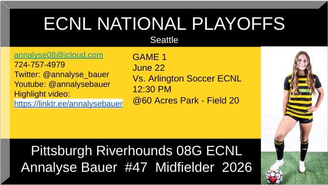 With #ECNLSeattle approaching, I wanted to share my day 1 schedule for my 08 ECNL Riverhounds team.  🖤💛Coaches, we would love to see you on the sidelines!!
<a href="/RotzyJ_37/">John Rotz</a> <a href="/PrepSoccer/">Prep Soccer ⚽️</a> <a href="/TopDrawerSoccer/">TopDrawerSoccer</a> <a href="/TopPreps/">TOP PREPS @TopPreps | X | Sports News & Recruiting</a> <a href="/ImYouthSoccer/">ECNL/GA/Recruiting/College Soccer</a> <a href="/ECNLgirls/">ECNL Girls</a> <a href="/ImCollegeSoccer/">College Soccer Truth ™</a> @SoccerMomInt @HounsAcademy