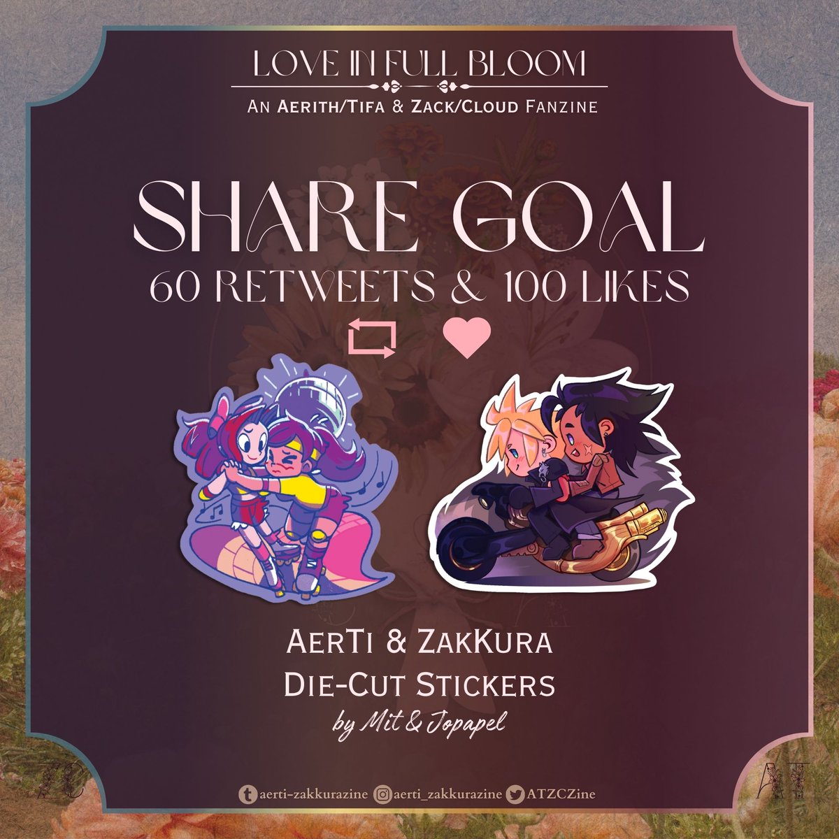 ATZCZine's tweet photo. ❤️🧡SHARE GOAL💛💙
🩷100 LIKES🔁60 RETWEETS

🛼Let's get this post zooming to add these lovely AerTi &amp; ZakKura die-cut stickers to all physical orders! 🏍️💨
Designed by @mitsame_ &amp; @jopapel12 
Pre-Orders Open:
🗓️June 19th-July 19th
🛒https://t.co/nM1BB9l7pf
#ffvii #aerti #zakkura https://t.co/TXdv3SIBjl