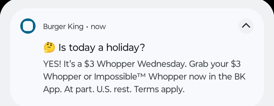 .<a href="/BurgerKing/">Burger King</a>, this pop-up notification on a Black-focused holiday might not have been the best choice for #Juneteenth. Equating Whopper Wednesday with what is known as our "second independence day" after 200+ years of enslavement isn't a good look.