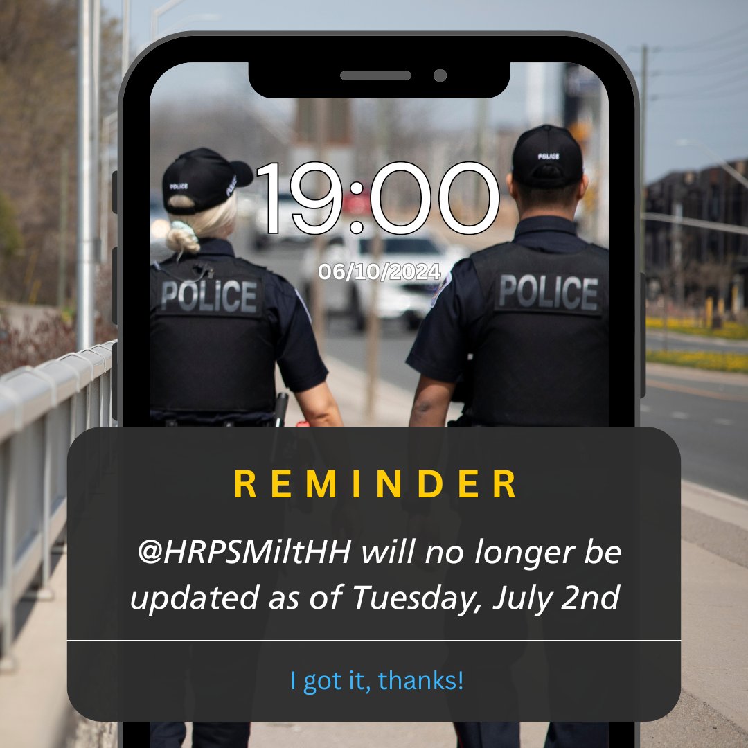 HRPS Milt HHills (@hrpsmilthh) on Twitter photo Our Service's X presence is being streamlined to better meet your needs. On July 2, <a href="/HRPSMiltHH/">HRPS Milt HHills</a> content will only be posted on our main operational account. Follow <a href="/HaltonPolice/">Halton Police</a> for our latest Milton/Halton Hills and regional news, including important public safety alerts. Our Service's X presence is being streamlined to better meet your needs. On July 2, <a href="/HRPSMiltHH/">HRPS Milt HHills</a> content will only be posted on our main operational account. Follow <a href="/HaltonPolice/">Halton Police</a> for our latest Milton/Halton Hills and regional news, including important public safety alerts.