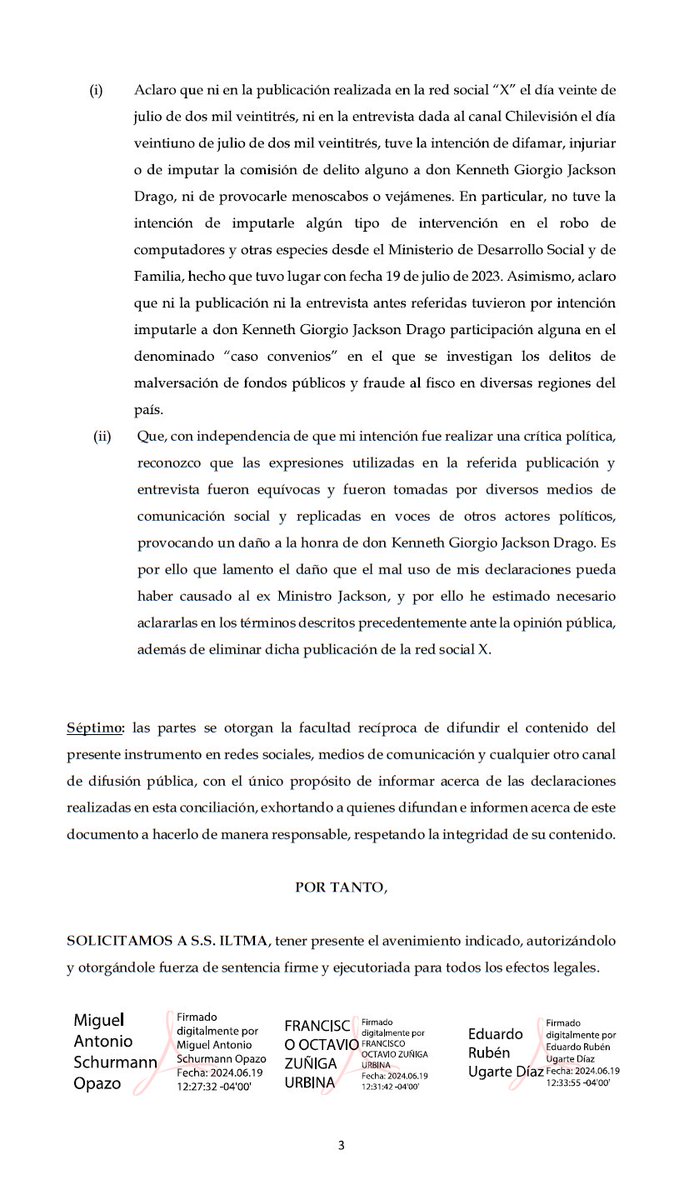 Giorgio Jackson (@giorgiojackson) on Twitter photo Gracias a la profesional labor del Ministro Mario Gómez de la Corte de Apelaciones de Valparaíso, hemos llegado a un acuerdo con <a href="/fidelsenador/">Fidel Espinoza Sandoval</a>.
Valoro q haya reconocido el error, lamentado el daño producido a mi honra y eliminado publicación.
Gracias a tod@s por apoyo. Gracias a la profesional labor del Ministro Mario Gómez de la Corte de Apelaciones de Valparaíso, hemos llegado a un acuerdo con <a href="/fidelsenador/">Fidel Espinoza Sandoval</a>.
Valoro q haya reconocido el error, lamentado el daño producido a mi honra y eliminado publicación.
Gracias a tod@s por apoyo.