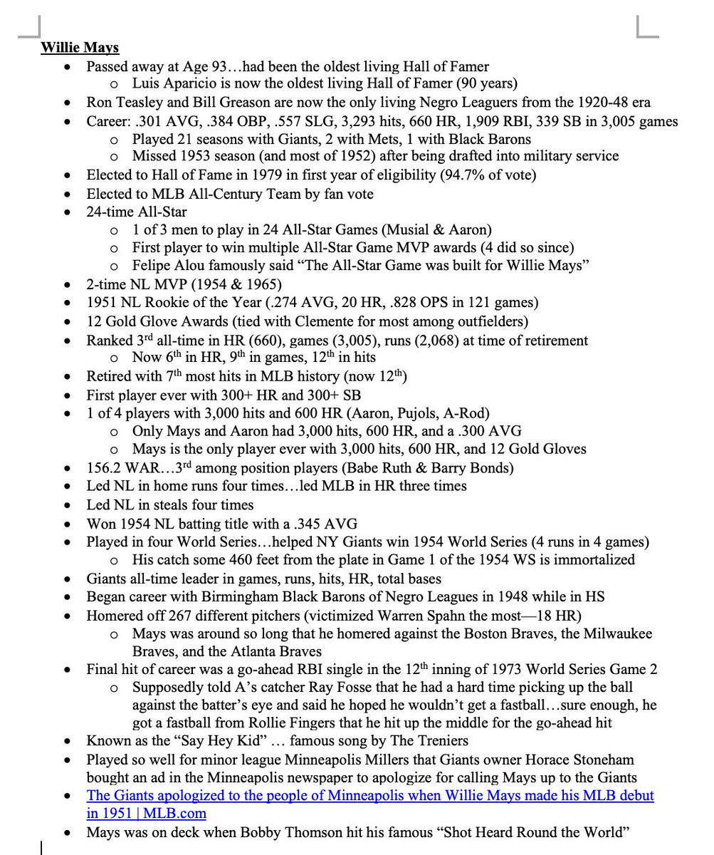 an ENTIRE PAGE of Willie Mays accomplishments from the <a href="/MLBNetwork/">MLB Network</a> research squad today, and it's just a sampling

today's packet length?

24 pages ❤️