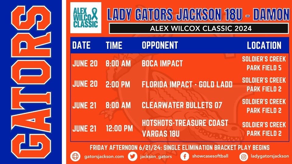 This weekends schedule at Soldiers Creek for the Alex Wilcox Classic 2024! I will unfortunately be there starting the 21st due to an academic commitment the 20th. Look forward to playing this weekend!! @Tampa_Softball <a href="/CoachNeubauer_6/">Katie Neubauer</a> <a href="/ERAUSoftball/">Embry-Riddle Softball</a> <a href="/ExtraInningSB/">EXTRA INNING SOFTBALL</a> @jackson_gators