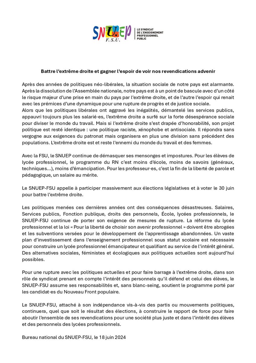 "Pour une rupture avec les politiques actuelles et pour faire barrage à l’extrême droite, (...) le <a href="/SNUEPFSU/">SNUEP-FSU</a> "assume ses responsabilités et, sans blanc-seing, soutient le programme porté par les candidat·es du Nouveau Front populaire."
Abrogation de la réforme #lycéepro ✊✊✊