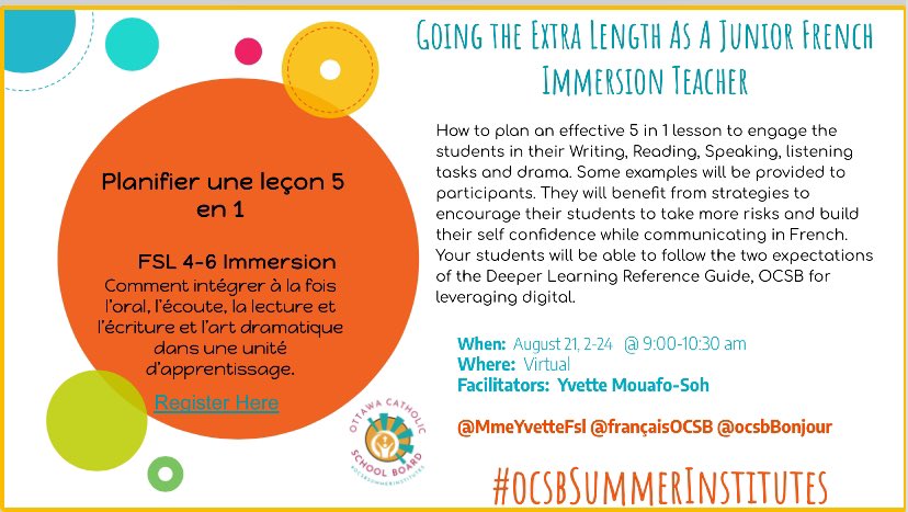 Retrouvons-nous le 21 août au #ocsbSummerInstitutes pour explorer la planification des leçons motivantes en français et art dramatique afin d'atteindre des objectifs d'apprentissage en 4-6 Immersion. @françaisOCSB <a href="/ocsbBonjour/">𝕂 𝕥𝕠 𝟙𝟚 𝔽ℝ𝔼ℕℂℍ at the OCSB</a>. Inscription: docs.google.com/forms/d/e/1FAI…