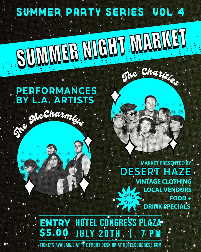 Night Markets w/ our lovely friends from @deserthazemarket !

June 29th (5-10pm): Shop handcrafted goods plus a live performance by local artists OMS!

July 20th (7-11pm): $5 entry w/ live music from LA's The McCharmlys &amp; The Charities!

Come hangout with us this summer!