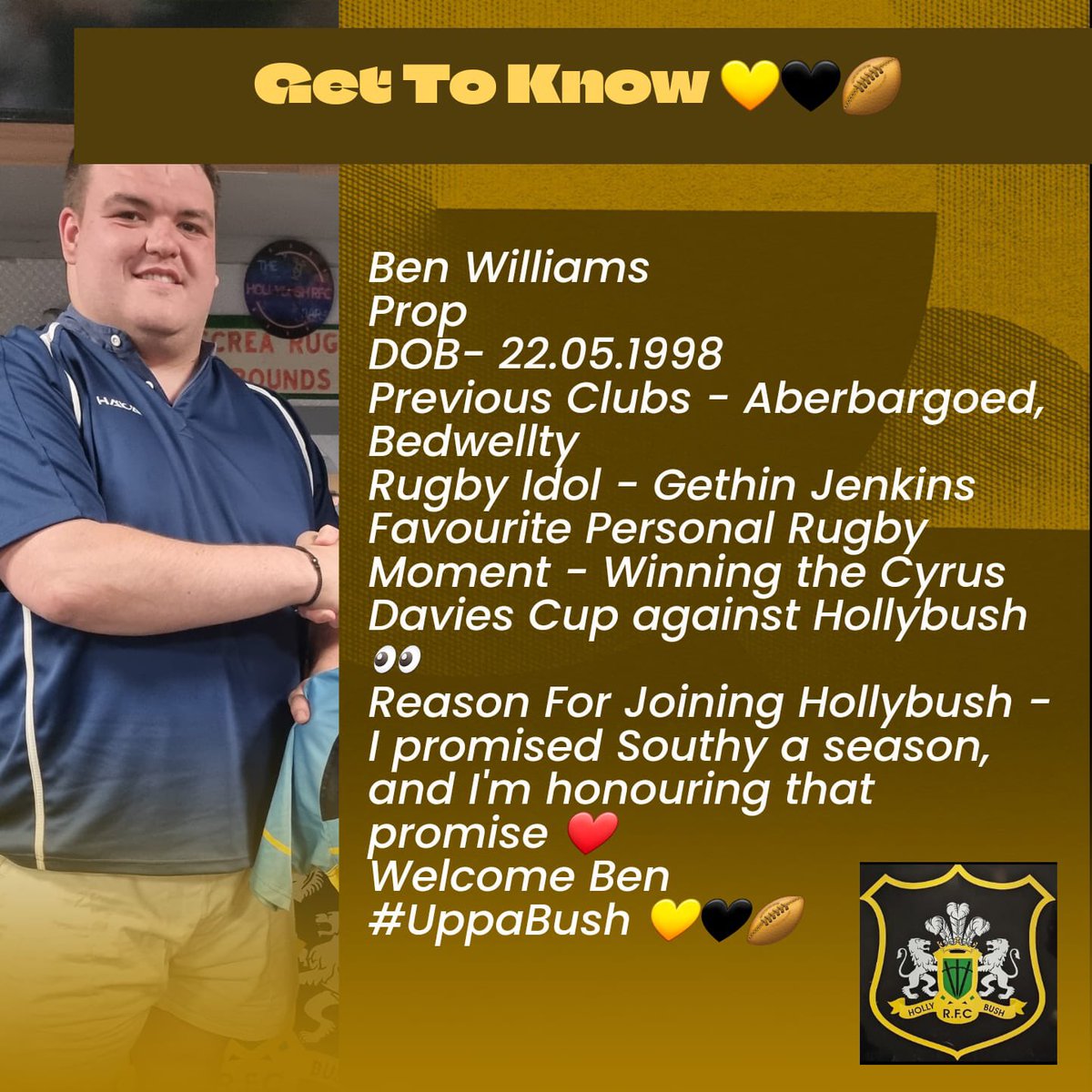 HollybushRugby's tweet photo. The club are thrilled to announce our first summer signing, prop Ben Williams has committed to the bush for the coming season. Welcome to the bush mate 👏🙌

#UpTheBush ⚫️🔶 https://t.co/tqydxHeMrR