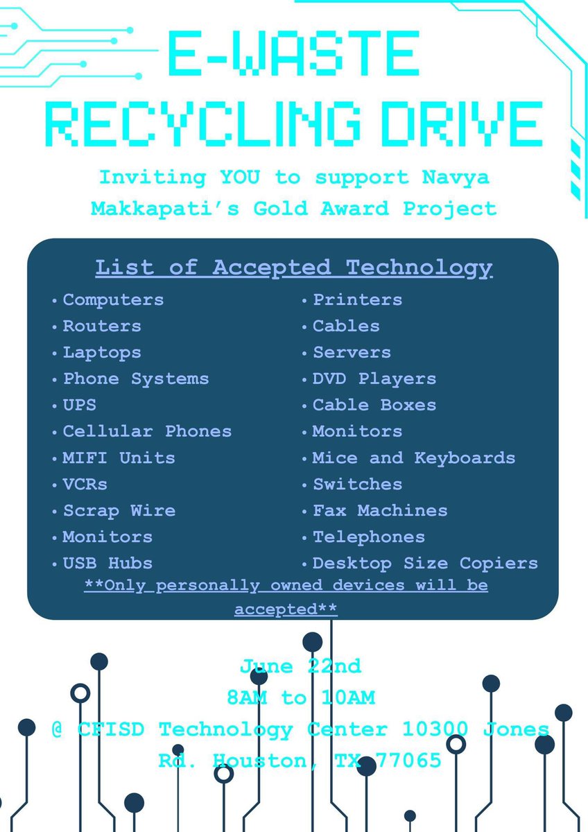 CFISD Community, one of our amazing students has partnered with <a href="/CyFairISD/">Cypress-Fairbanks ISD</a> to offer an E-Recycling event this Saturday, 8:00-10:00 a.m. at the CFISD Technology Center (former ISC) at 10300 Jones Road.  
So proud of her!
#AhhhhCC
#CFISDProud #CFISDspirit
#PublicSchoolProud