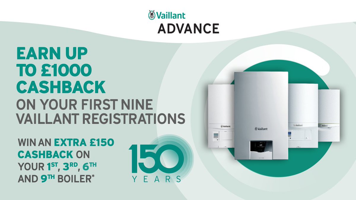 This year we're celebrating 150 years of Vaillant! 🎉🐰

Sign up to Vaillant Advance and you can earn an extra £150 on your 1st, 3rd, 6th &amp; 9th boiler installations!

Sign up now at vaillant-advance.co.uk/account/signup
