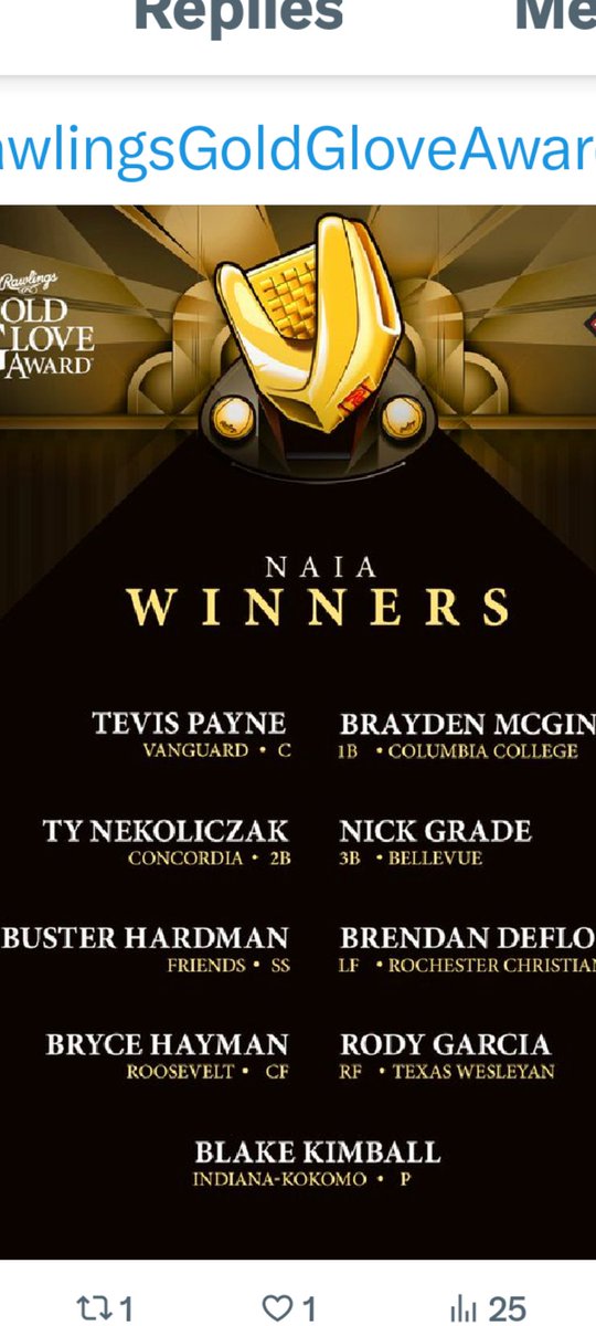 Official 2024 NAIA Gold Glove Team released today.
Congrats to former Central State Spike Blake Kimball.  Blake joins Brandon Menzell- Chapman University (D3),
Skylar Gonzalez - Tampa (D2),
Derek Clark -West Virginia (D1) as the four pitchers nationally to win the award.