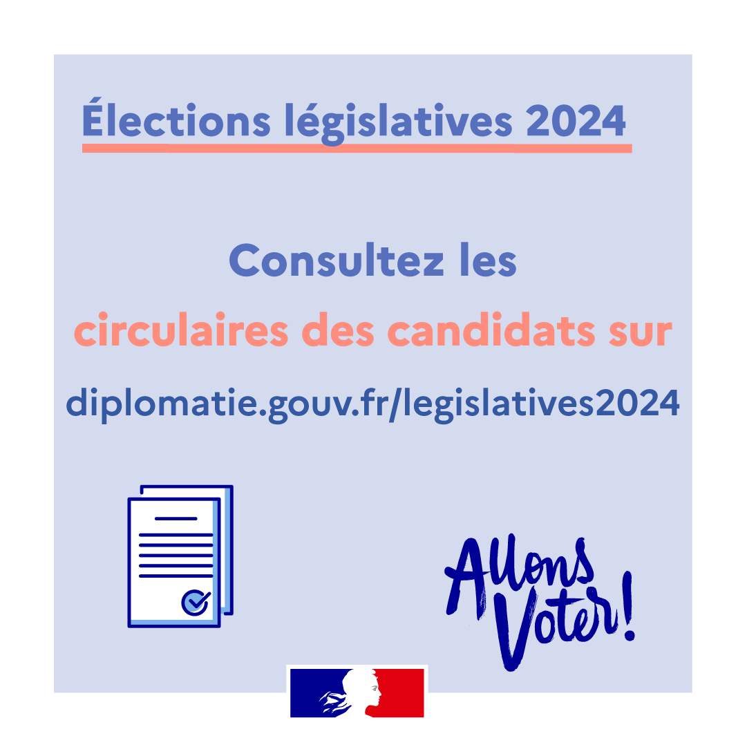 FR_Consulaire's tweet photo. 🗳 #Législatives2024
📢 Mise en ligne des circulaires dématérialisées ! Le scrutin approche, n'attendez pas et découvrez sans tarder les circulaires des candidats, par circonscription.
Toutes les informations sont sur le site France Diplomatie
👉 https://t.co/6XbFhs0Ifo https://t.co/vPyWbdcWMS