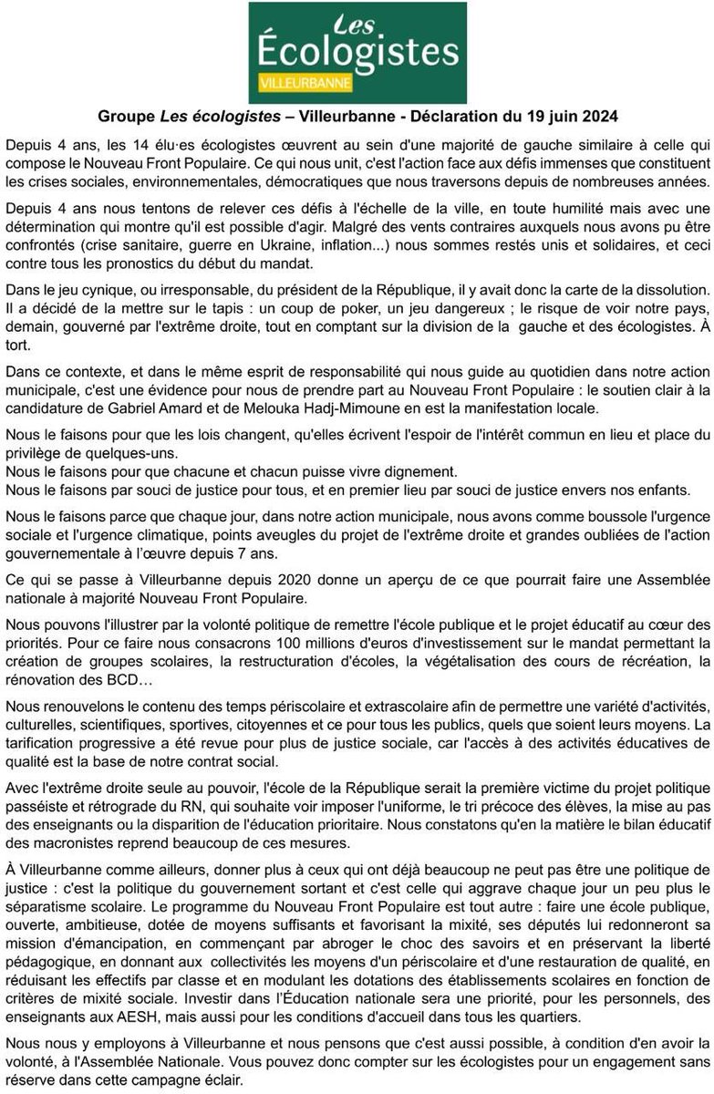 EcologistesV's tweet photo. Parce que le #NouveauFrontPopulaire est à l’image de ce que nous portons pour #Villeurbanne depuis 4 ans

Parce que nos boussoles sont l’urgence climatique et la justice sociale
Nous soutenons pleinement la candidature de @gabrielamard 👇 https://t.co/BnU6QJhSLM