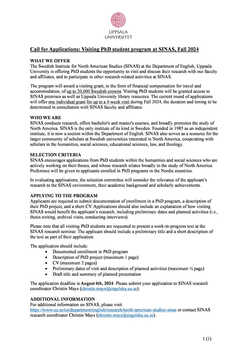 Call for Applications: Visiting PhD student program at the Swedish Institute for North American Studies, Uppsala University, Fall 2024