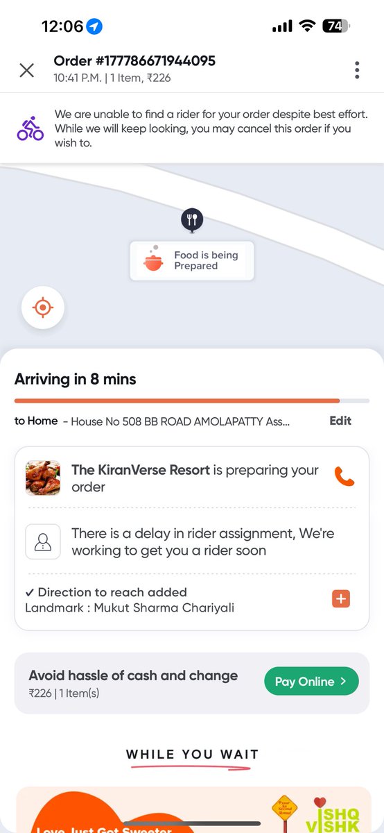 Moonhzrk's tweet photo. Disgusting swiggy service i had place an on 10.41pm still showing prepared, no delivery agent is assigned till now. WORST SERVICE IN MY TOWN 
#swiggy #swiggyassam @Swiggy @SwiggyCares https://t.co/wGCUDxnAjt