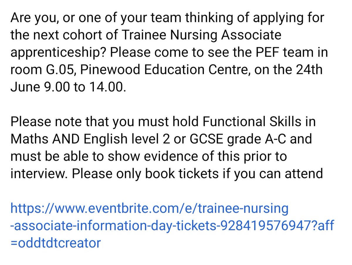 📢Registered Nurse Degree Apprenticeship or Nursing Associate Apprenticeship information days📢 <a href="/StockportNHS/">Stockport NHS FT</a> 

Book below ⬇️ More dates to follow 

TNA information day

eventbrite.com/e/trainee-nurs…

Registered Nurse Degree Apprenticeship info Day
 eventbrite.com/e/rnda-informa…