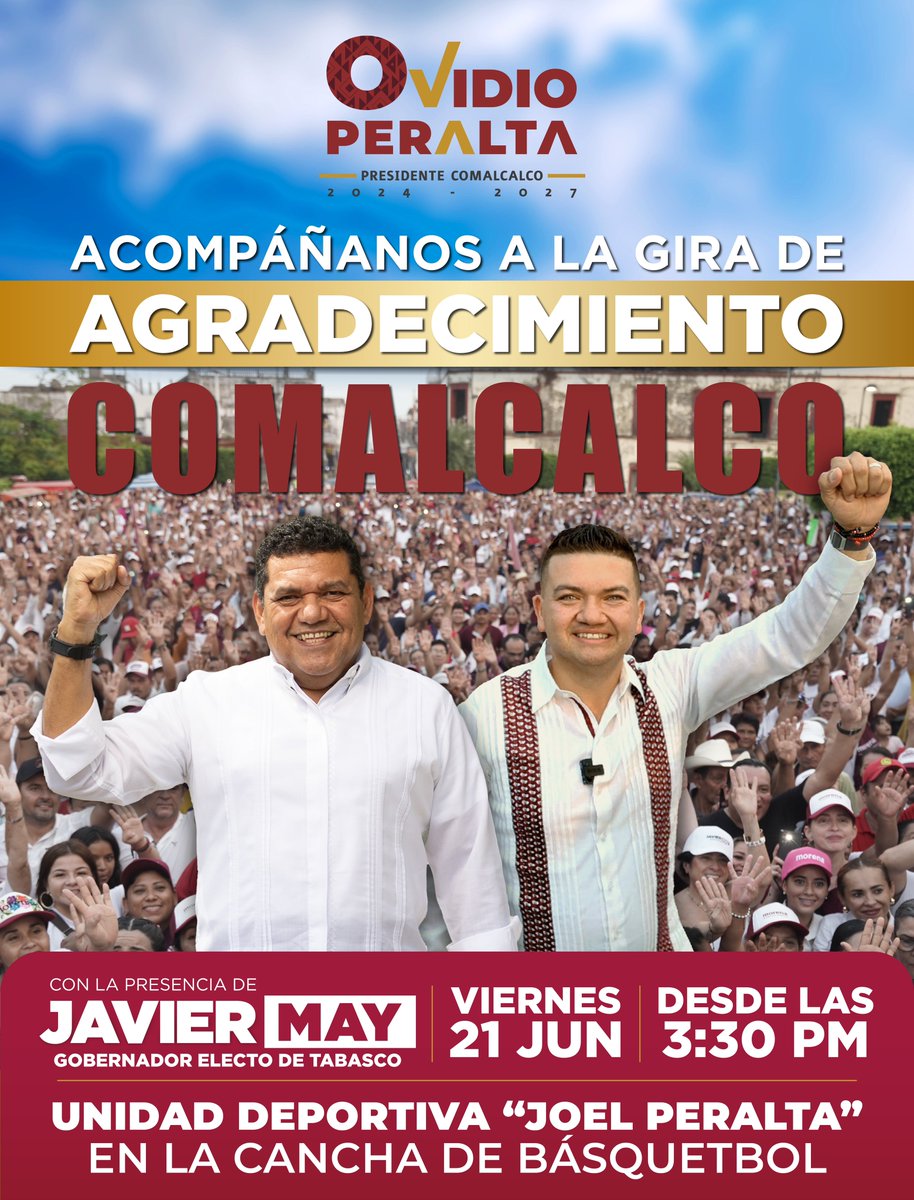 OvidioPeraltaS's tweet photo. Acompáñanos a la gira de agradecimiento en #Comalcalco con la presencia de nuestro amigo y paisano @TabascoJavier, Gobernador Electo de Tabasco.

¡En unidad con el pueblo, construiremos el segundo piso de la #CuartaTransformación! https://t.co/2WIsyOgisG