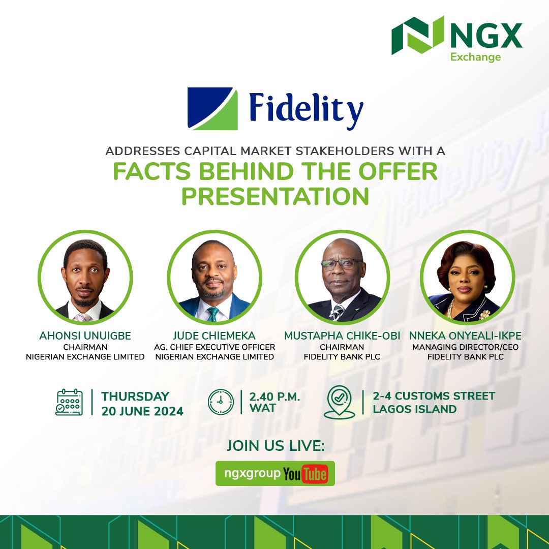 ngxgrp's tweet photo. They’ll also highlight the potential impact of this offer on the organization's future.

Make it a date! 
Venue: Nigerian Exchange Group House, 2-4 Custom Street, Marina, Lagos.

#NGX #FidelitybankatNGX https://t.co/1kFZWpDuHJ