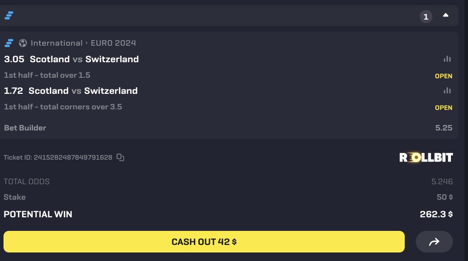 M1chaelM0's tweet image. Bet 15 of betting $50 on every Euros game on Rollbit #EURo2024  #SCOSWI @rollbitcom

Link: rollbit.com/sports?bt-path…