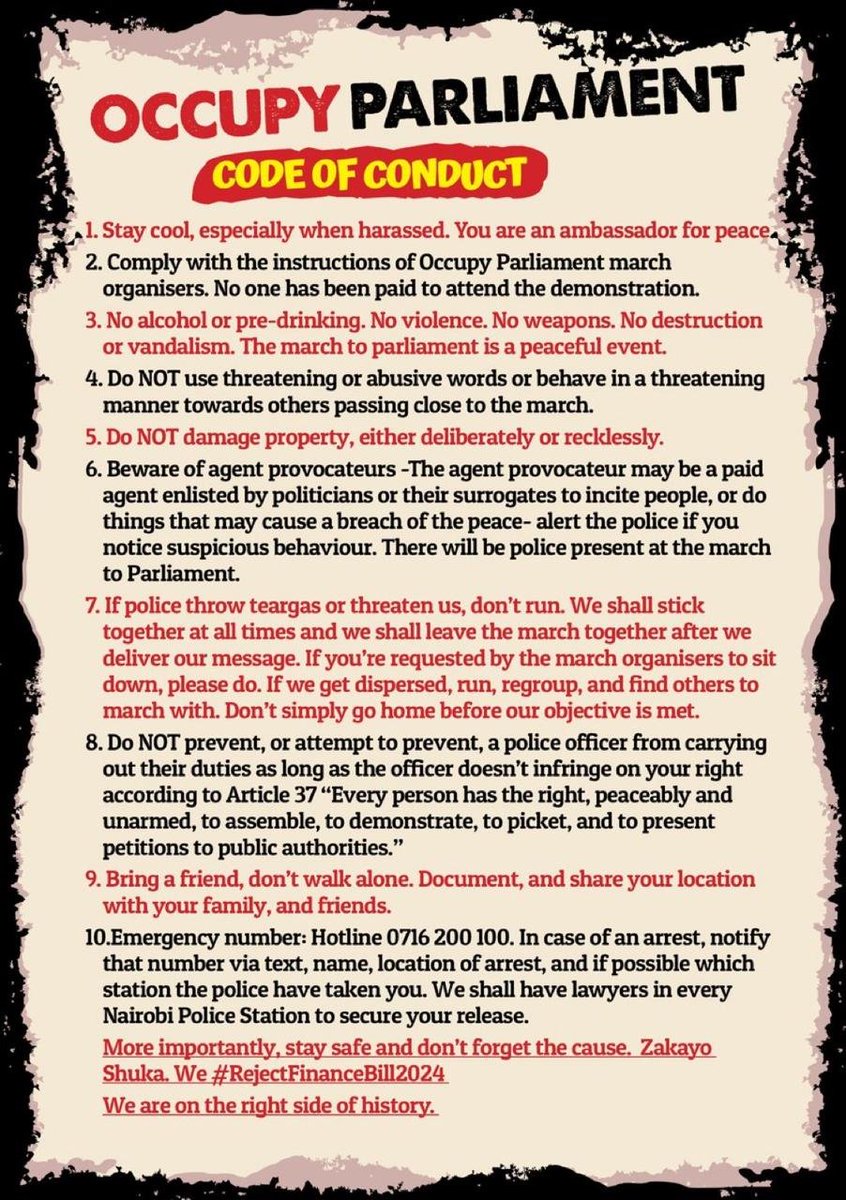 Eastleighvoice's tweet photo. Safety guidelines for protesters ahead of Thursday's 'Occupy Parliament' demonstrations, dubbed #RejectFinanceBill2024, scheduled to take place outside Parliament Building https://t.co/CFILnKlv21