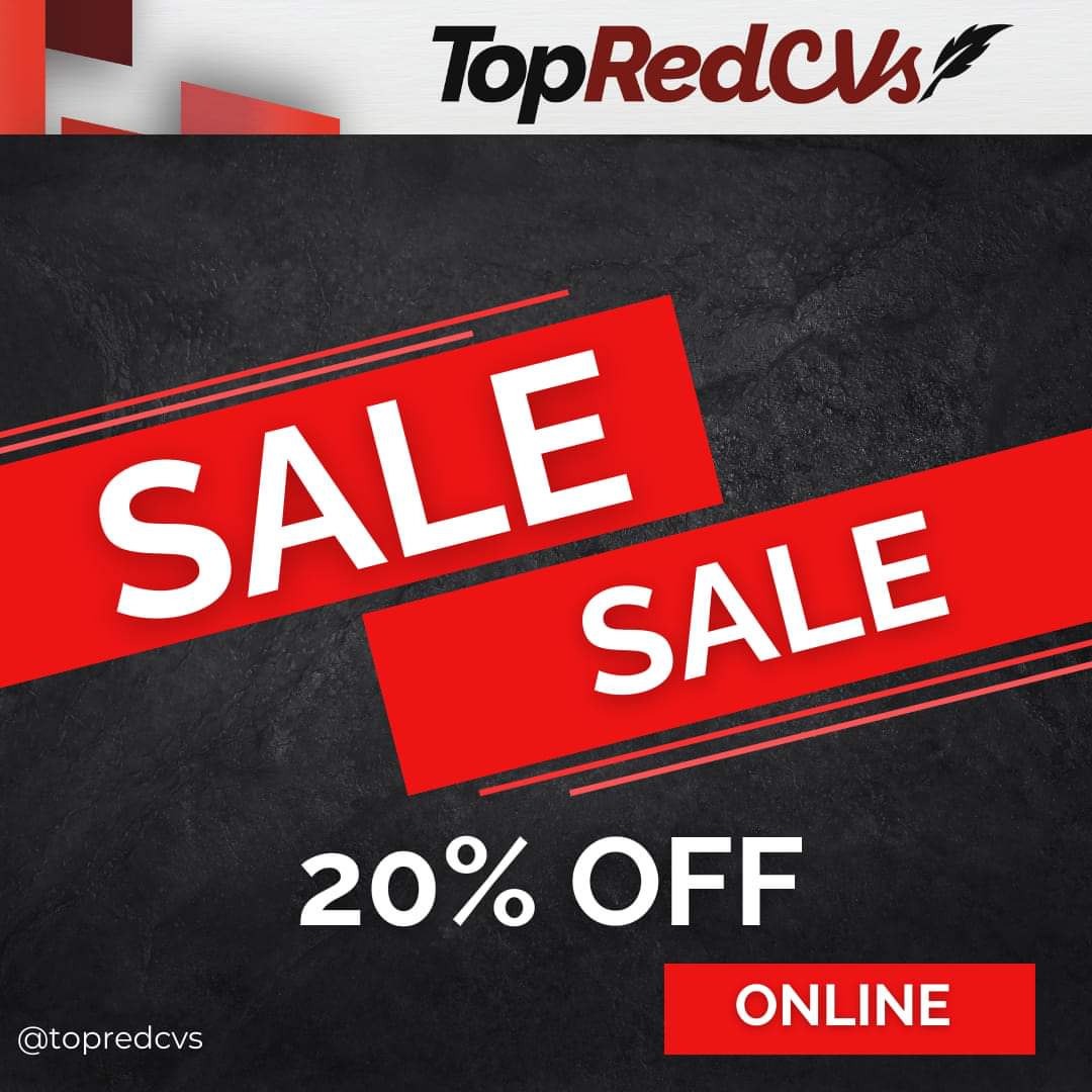 20% OFF ALL PACKAGES!!!

Visit topredcvs.co.uk and use the code 'topred20' at the checkout to receive your REDUCED purchase!!
Contact us by email enquiries@topredcvs.co.uk or give us a call on 02080501120
#cv #curriculumvitae #resume #recruitment #jobs #jobsearch #employ