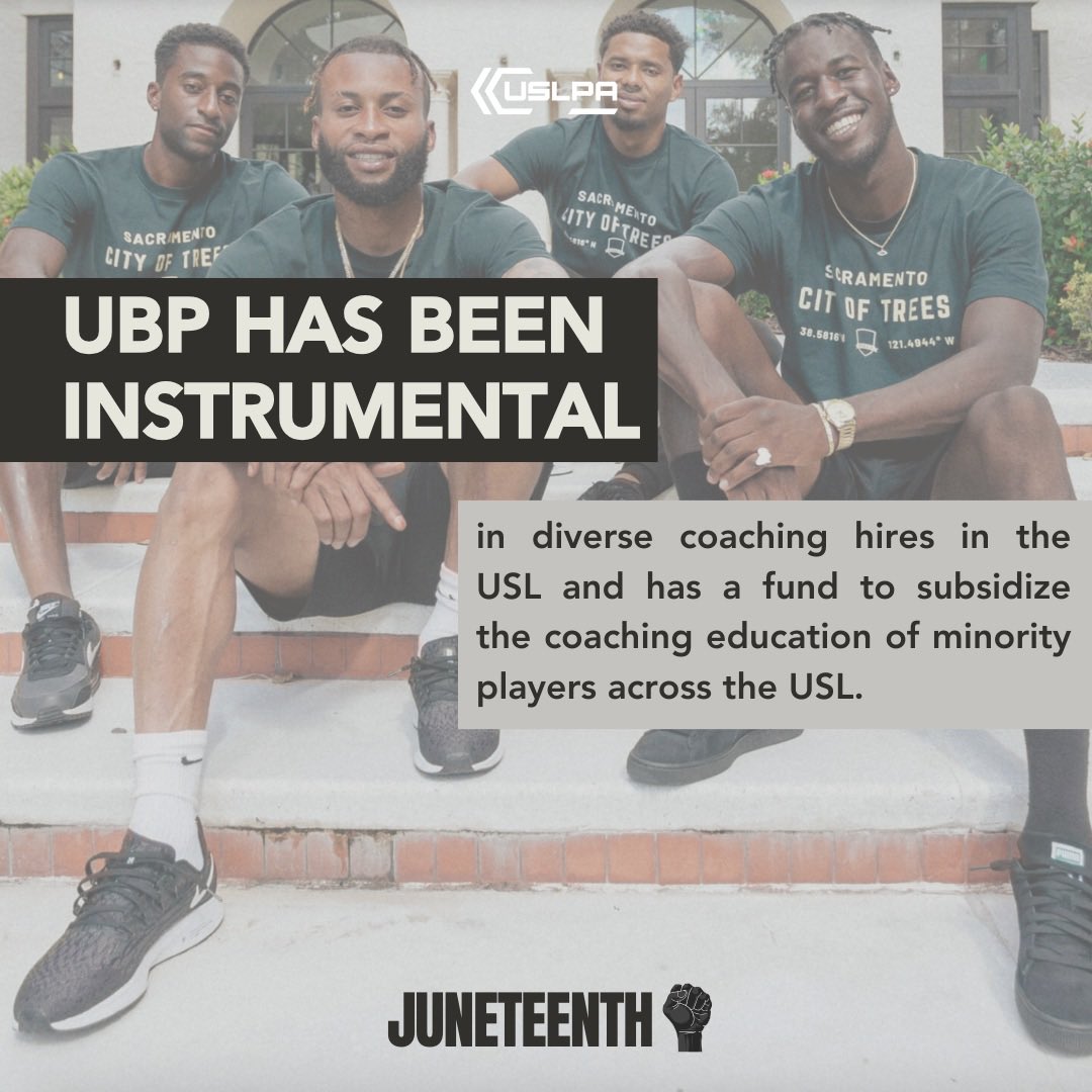 USLPA (@uslplayers) on Twitter photo Today as we celebrate #Juneteenth, we want to recognize the <a href="/ubpusl/">United Black Players of the USL</a> and the great work they do in uniting the soccer landscape in America.
For more information on the UBP, visit unitedblackplayers.org. Today as we celebrate #Juneteenth, we want to recognize the <a href="/ubpusl/">United Black Players of the USL</a> and the great work they do in uniting the soccer landscape in America.
For more information on the UBP, visit unitedblackplayers.org.