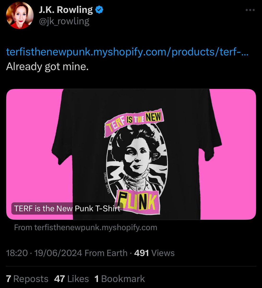 stephens_ben's tweet photo. Utter brain-rot.

Whenever someone says 'TERF is the new punk', all I hear is, 'PLEASE let me be considered cool even though I have the same views as Donald Trump, Katie Hopkins, Tucker Carlson, Vladimir Putin, GB News, LozFox, the Daily Mail and the Taliban.' https://t.co/pYdONmyNvK
