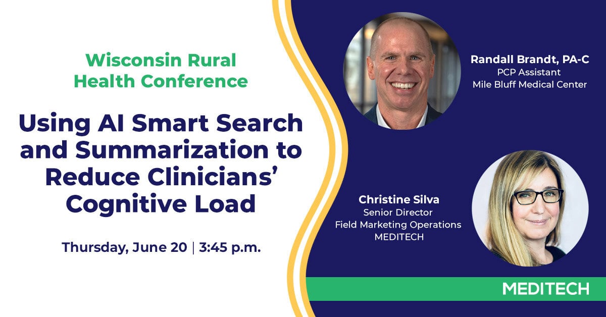 Join us for "Using AI Smart Search and Summarization to Reduce Clinician’s Cognitive Load" on Thursday, June 20, at 3:45 p.m. Randall Brandt, PA-C will share how <a href="/MileBluff/">Mile Bluff Medical</a> Medical Center is leveraging #AI in #Expanse for more informed clinical decisions. hubs.ly/Q02Cwn640